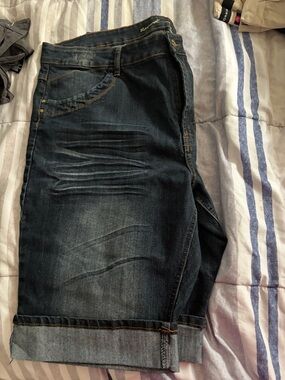 Dark Blue Denim Bermuda Shorts with Rolled Cuff